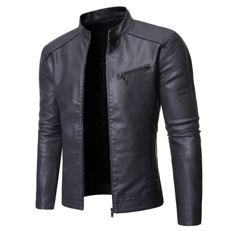 Winter Men's Motorcycle Leather Jacket Stand Collar Leather Coat | 14JK41PY03