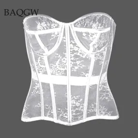 Women Lace Strong Waist Trainer Sexy Mesh Overbust Corset Goth Vintage Slim Body Bandages Belts Streetwear See Through Corset